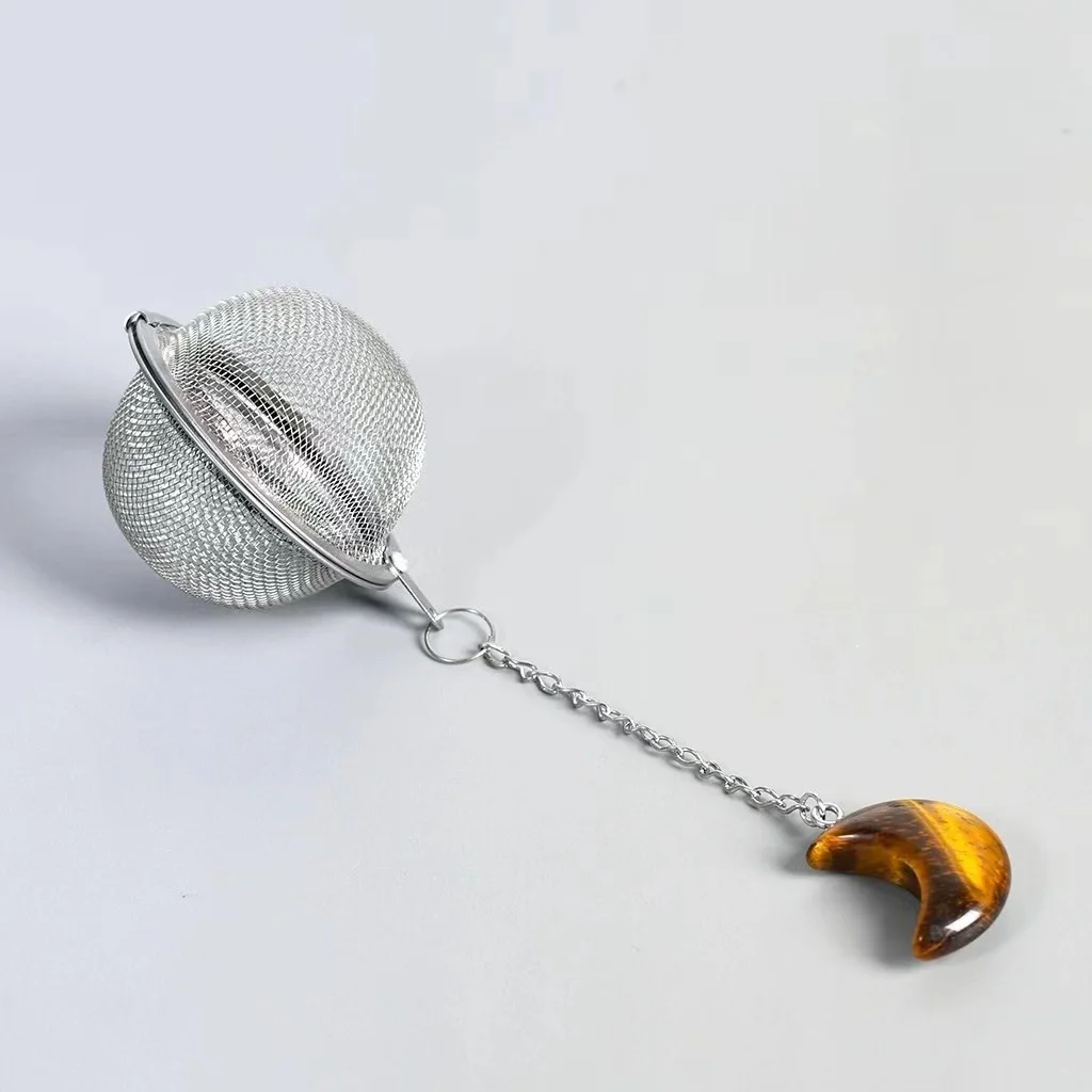 Wholesale Natural  Stone Healing Crystals Moon Crystal Tea Infusers Stainless Steel Mesh Tea Strainer