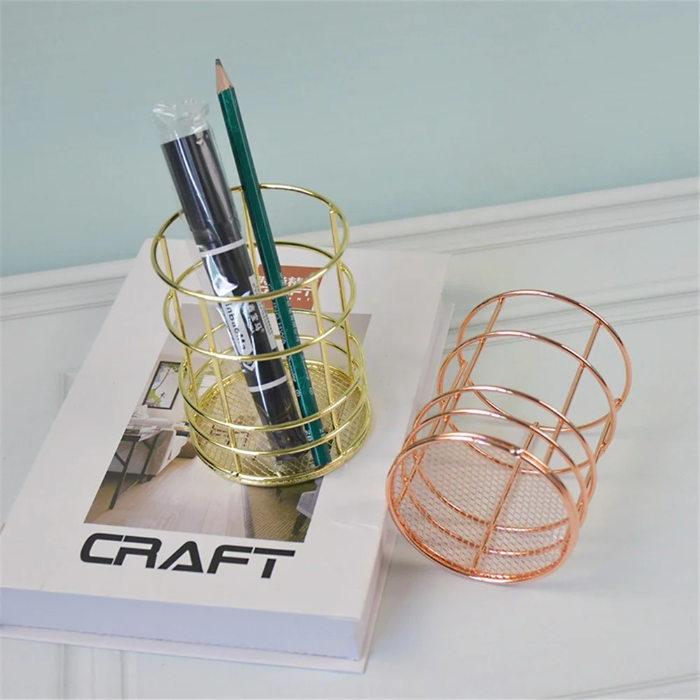 Rose Gold Pen Holder Cup for Home Office Desk Organizers Steel Wire Round Pencil Pot Flower Vase Makeup Brushes Storage Organize