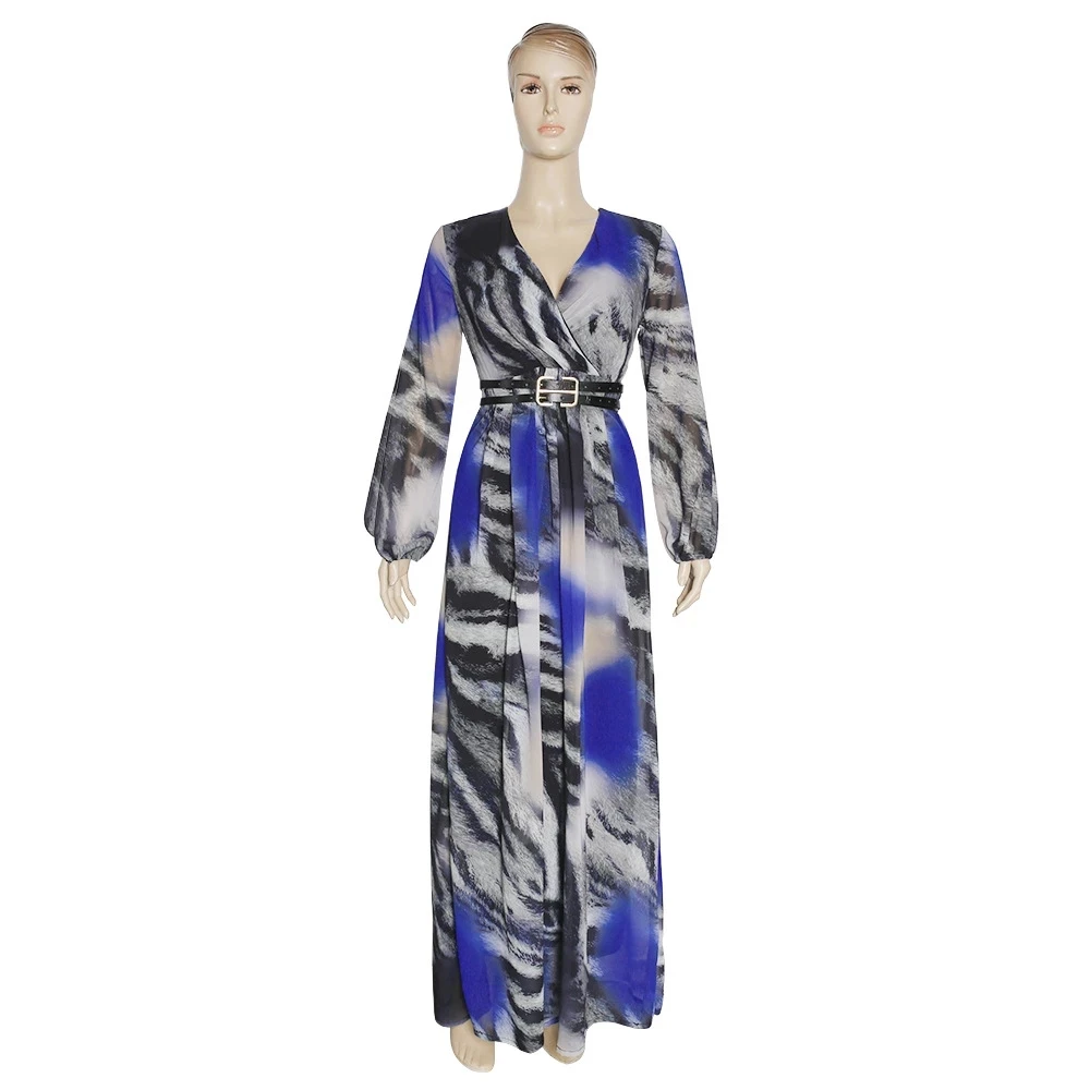 2021 summer ladies New Fashion Printed Dresses Long-Sleeved v-Neck Women clothing maxi Dresses with belt