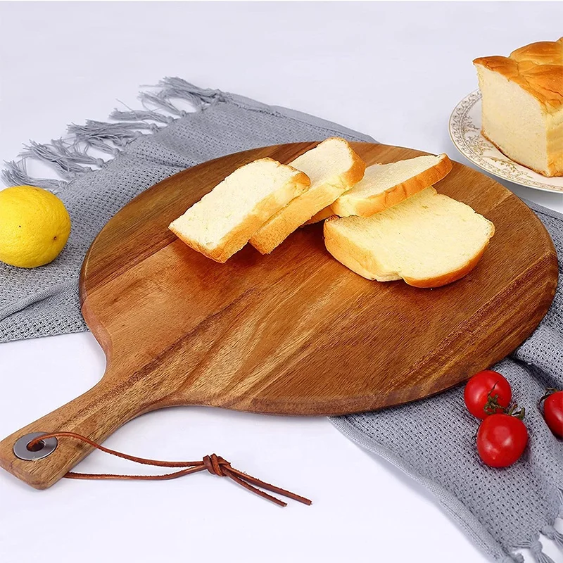 Custom  Paddle Shape Round Wooden Pizza Plate Tray Acacia Wood Pizza Cutting Board