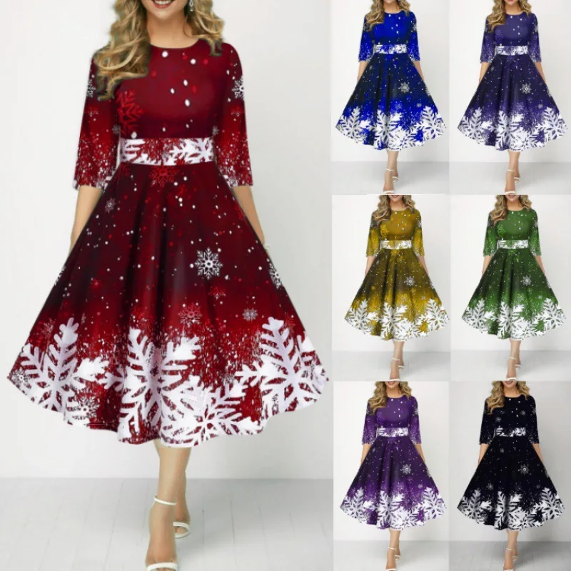 Fuyu Christmas Adult Snow Print Mid-length Sleeve Party Dress Fashion Fall Dresses for Women