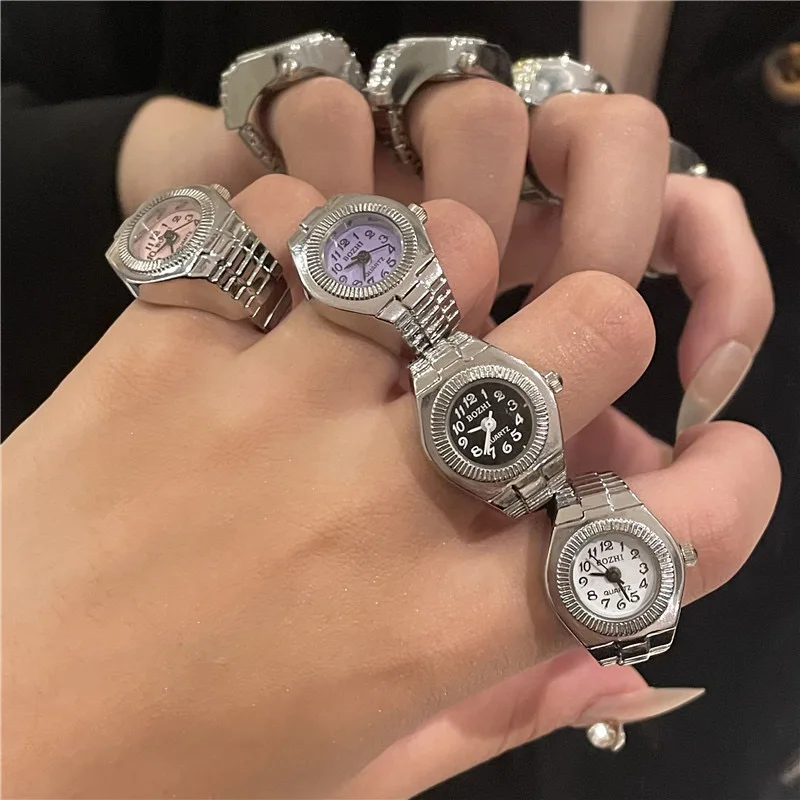 Retro Hiphop Ring Watch For Women Men Mini Silver Finger Ring Digital Watch Elastic Stretchy Watchband Jewelry Clock Gift