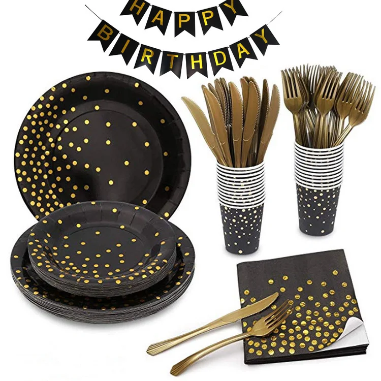 Gold Plastic Forks Knives Spoons and Golden Dot Black Paper Plates, Black Napkins Cups for Graduation, Birthday, Wedding