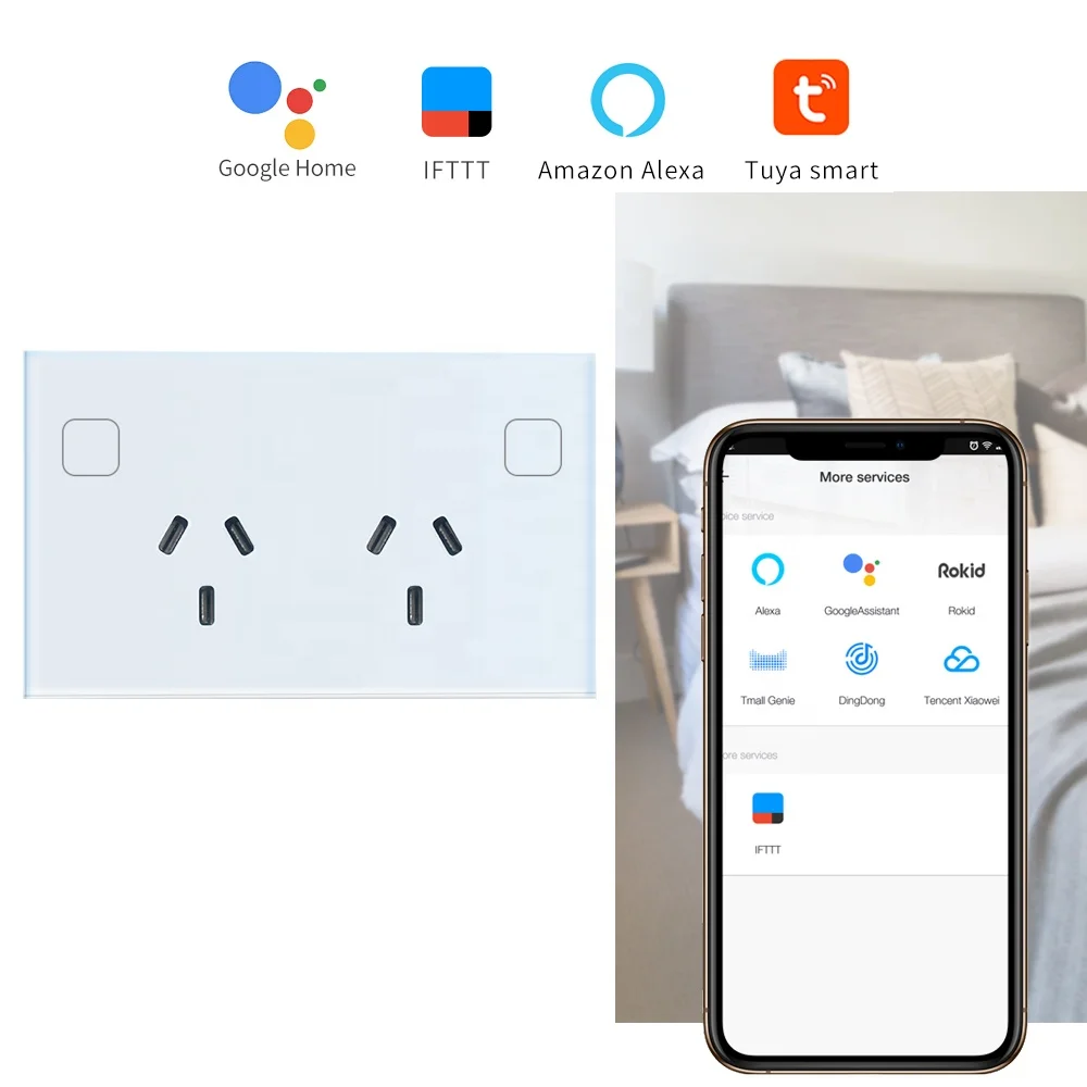 Factory OEM SAA UA Tempered Glass Tuya Smart Wifi Wall Sockets Controlled Power Points Double Glass Touch Switch Wall Socket