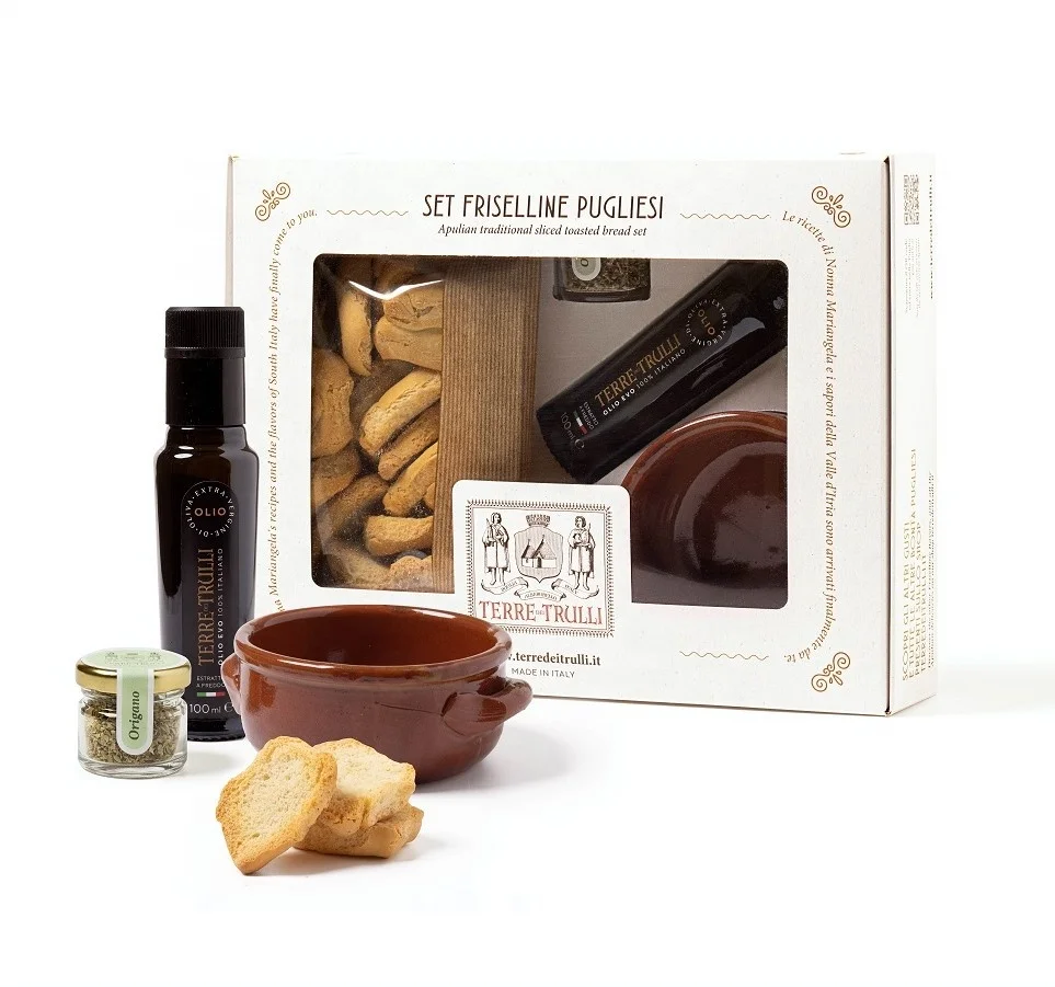 Italian food Gift Box - Classic Bread Croutons 150g with Extra Virgin Olive oil 100ml, Oregano leaves 5g and Terracotta bowl