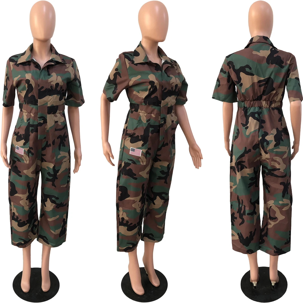 Y1889 Casual Camouflage Wide-Leg Lapel Cargo Jumpsuit with Pockets