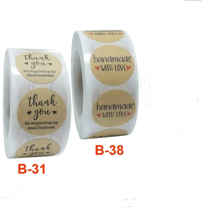 1Inch Natural Kraft Paper Thank You Stickers seal labes Handmade With Love Packaging stationery sticker