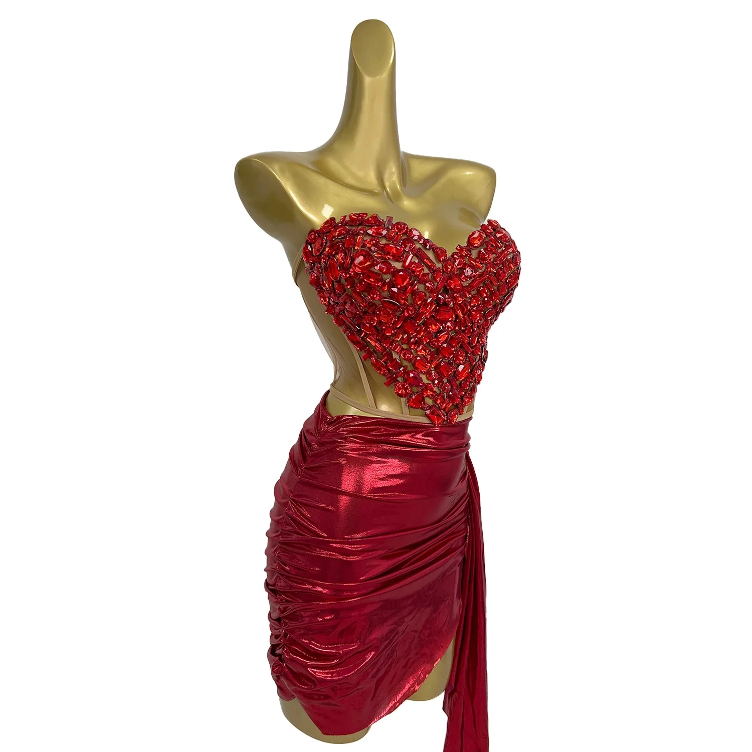 Sexy Red Rhinestone Corset Skirt 2 Piece Outfit Set Party Celebration Show Stage Performance Dance Costume Women Night Club Wear