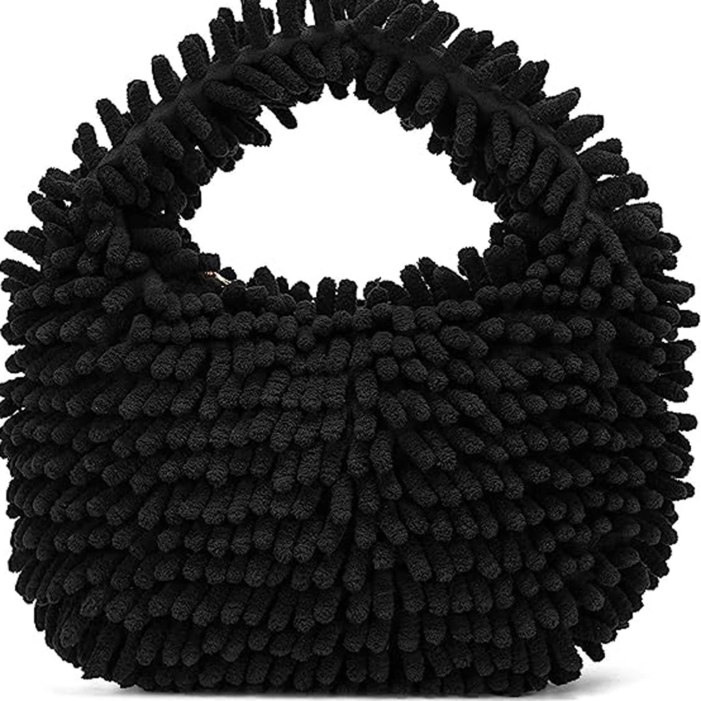 2023 Autumn Winter Creative Custom Mini Chenille Neon Ruched Solid Fluffy Hobo Purse for outdoor