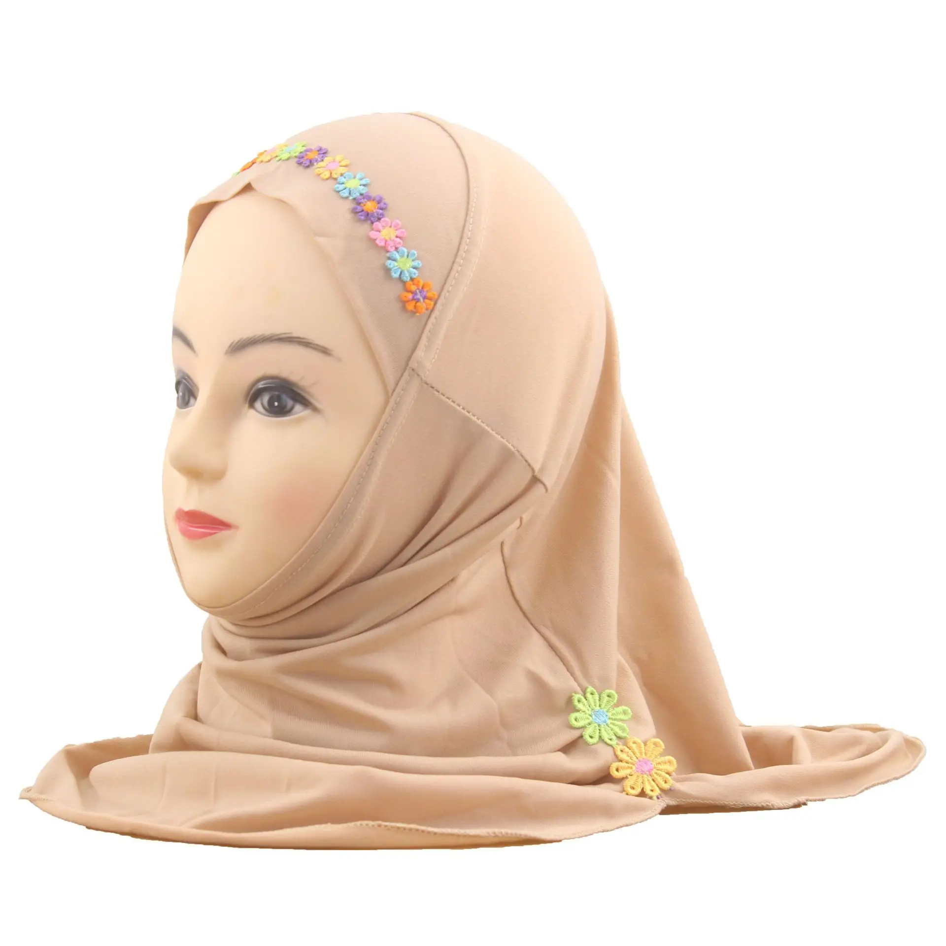 Muslim Girl 2 To 5 Years Tag N Go Instant Hijabs Headscarf Malay Kid Scarf Flower Lace Knitted Instant Hijab