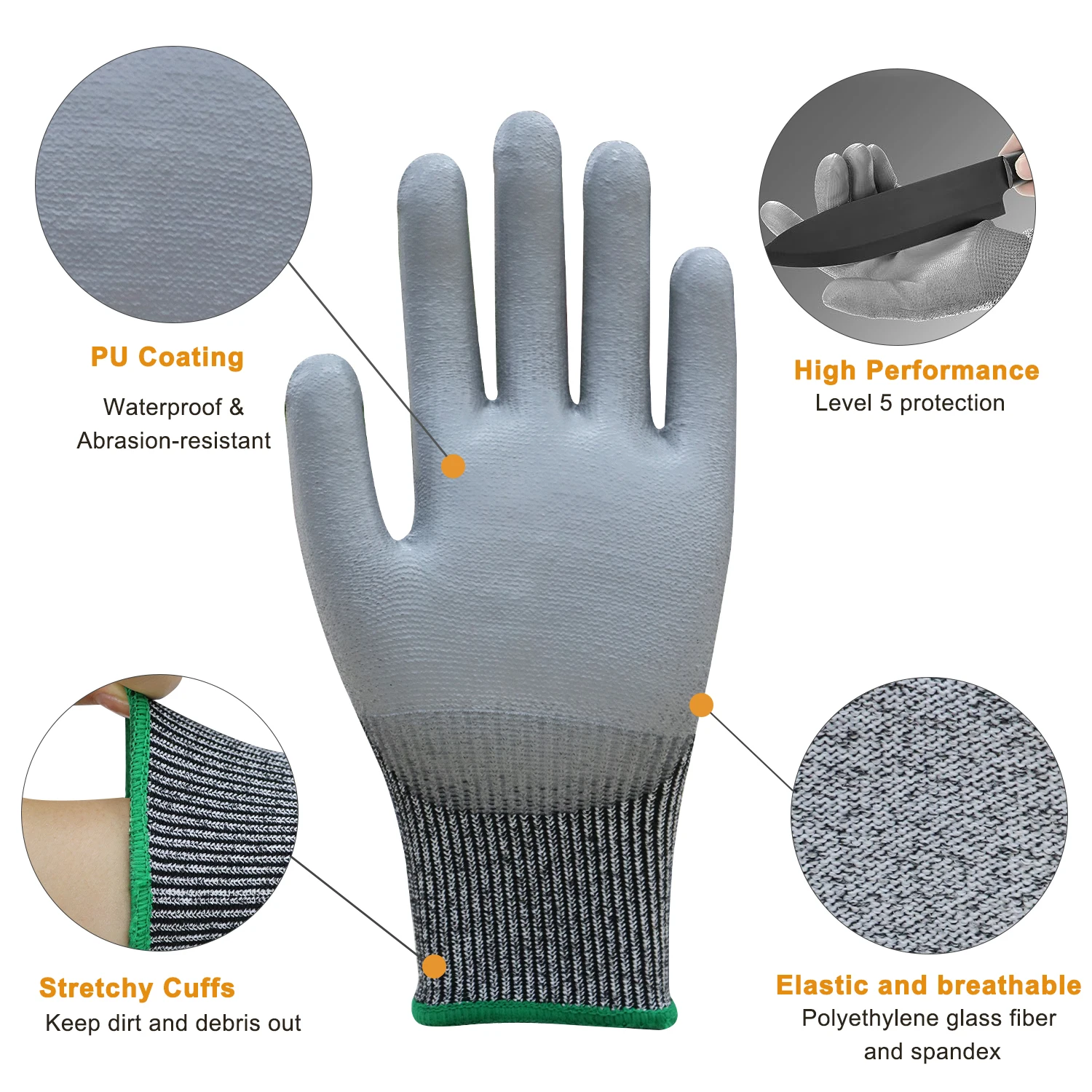HPPE Palm Coated PU Safety Gloves Cut Resistant Anti Cut Hand Gloves Guantes anticorte nivel 5 Cut 5 cut-resistant gloves