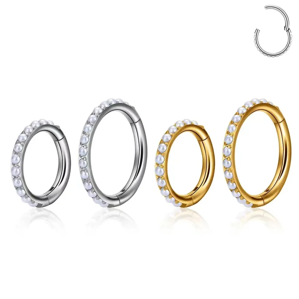 G23 Titanium 16G Hinged Segment Cartilage Earrings Inlaid Pearl Nose Ring Spiral Piercing Jewelry Earrings
