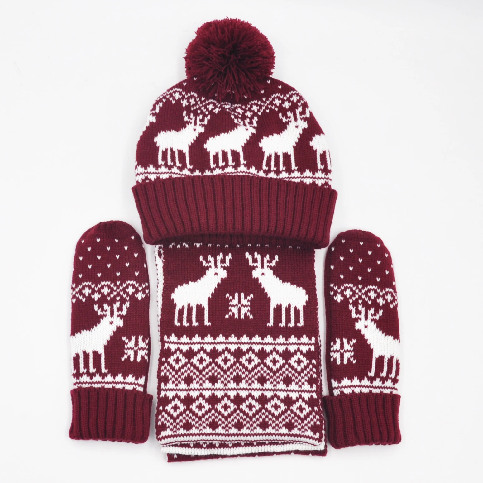 Жаккардовый зимний теплый шарф и перчатки, набор для детей и взрослых, мягкая эластичная шапка, шарф и варежка, рождественские украшения, шапка