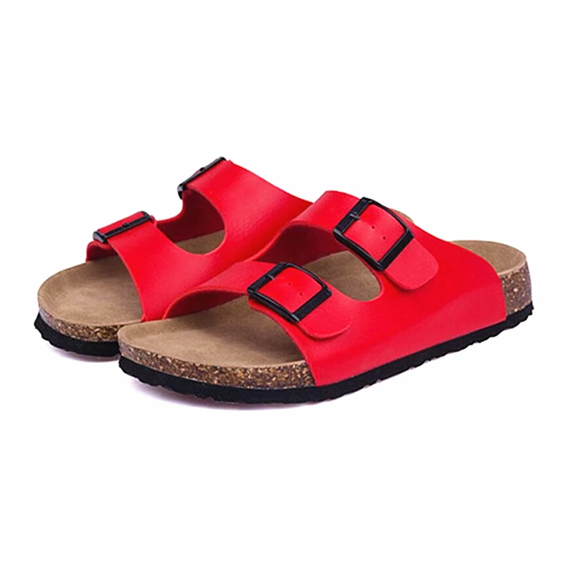 Wholesale men and women classic two straps cork sole sandals with soft leather insole and arch support in red black color