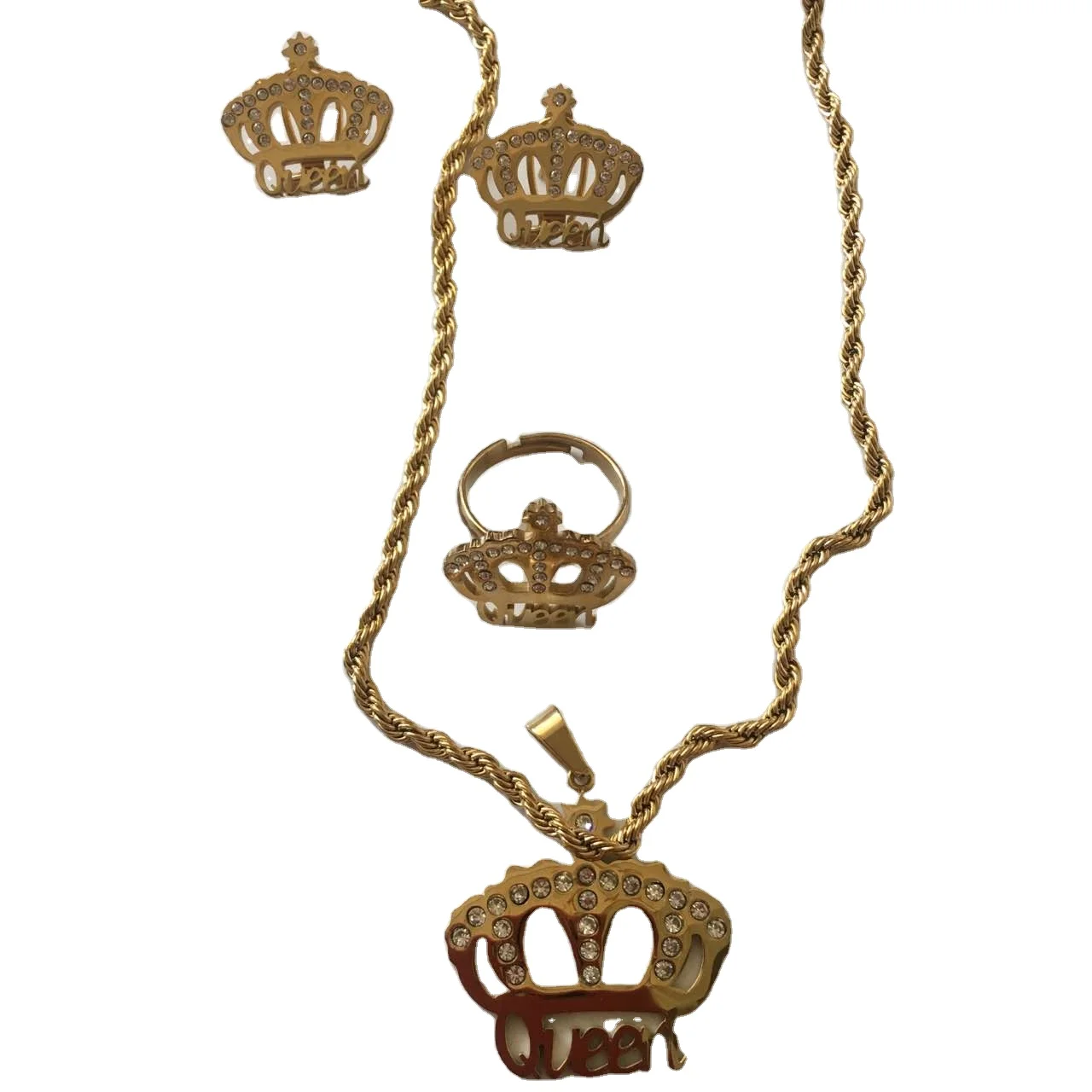 2021 Wholesale Fashion Accessories Big Diamond Crown 18 K Gold Engagement Stainless Steel Jewelry Set