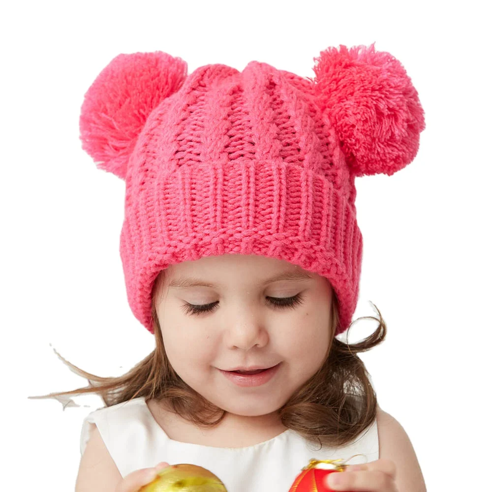 2021 Autumn Winter Warm Wool Baby Kids Girl Slouchey Knit Cap Hats Cute Infant Winter Beanie Hat With Pom Pom