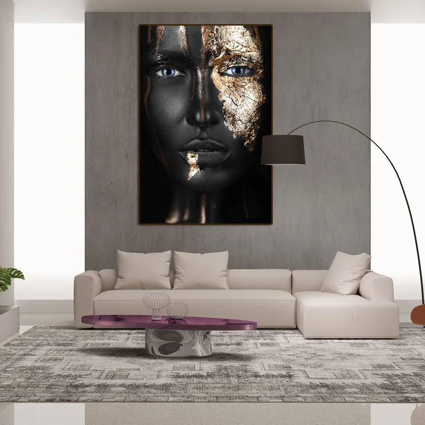 
African Art Black and Gold Woman Oil Painting on Canvas Cuadros Posters and Prints Scandinavian Wall Art Picture for Living Room 