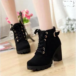 Winter spring short boot woman ankle boots Lace-up Ladies high heel feman shoes vintage female thick square heel boots