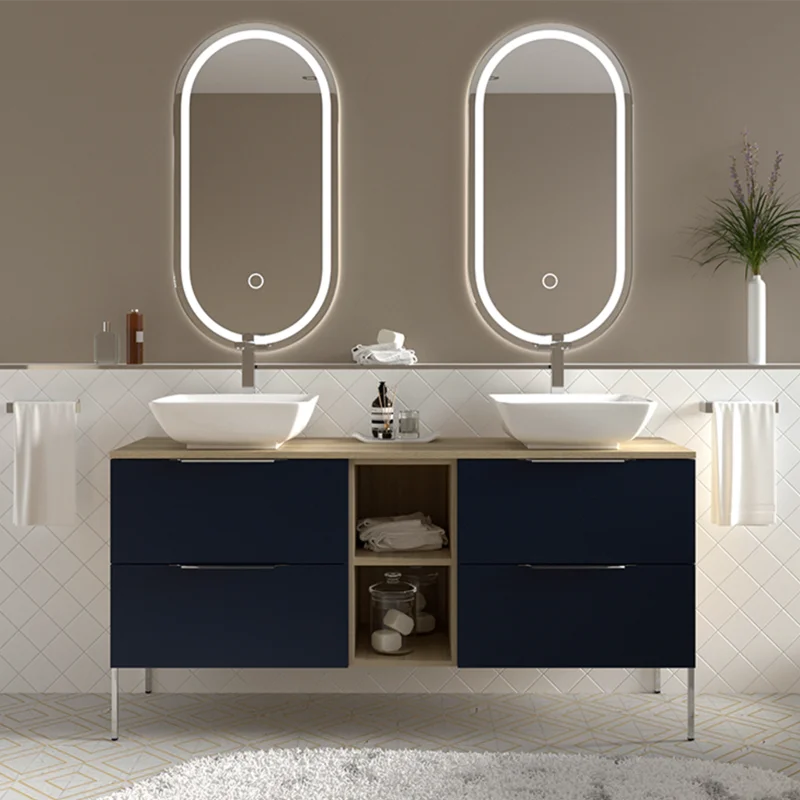 Classical Wooden Double Sink Gold Framed LED Mirror Bath Vanity Big Storage Drawers MDF Vanity Bathroom Cabinets Sets For Villa