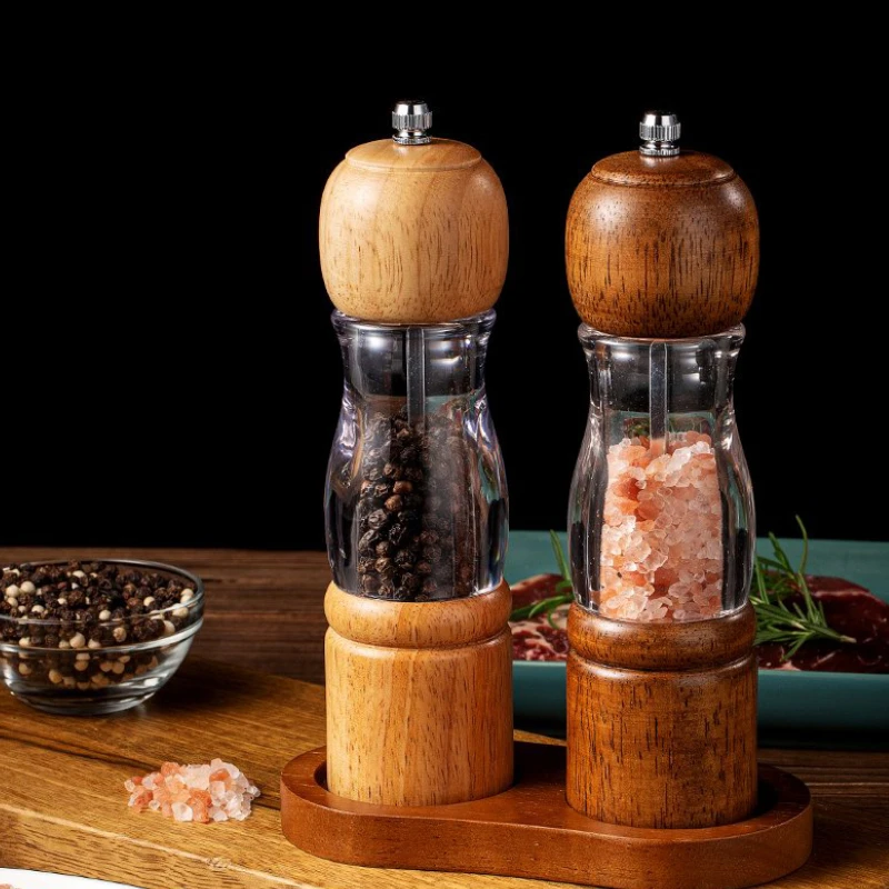 Home Camping Seasoning Bottle Wooden Salt Pepper Mill Grinder With Wooden Base set