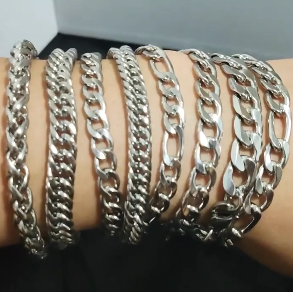 26 No Fade Tarnish Free 316L Titanium Steel Silver Chunky Chain Bracelets Mens Stainless Steel Miami Cuban Link Chain Bracelet