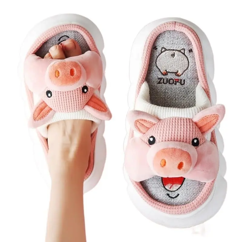 2024 Best Selling Cute Pig Penguin Linen Slippers For Women Soft Thick Sole Shoes For Home