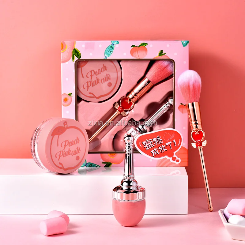 Xixi face blusher cosmetic brush makeup powder 3 pcs/set  powder beauty tools peach color for girls gift makeup kit