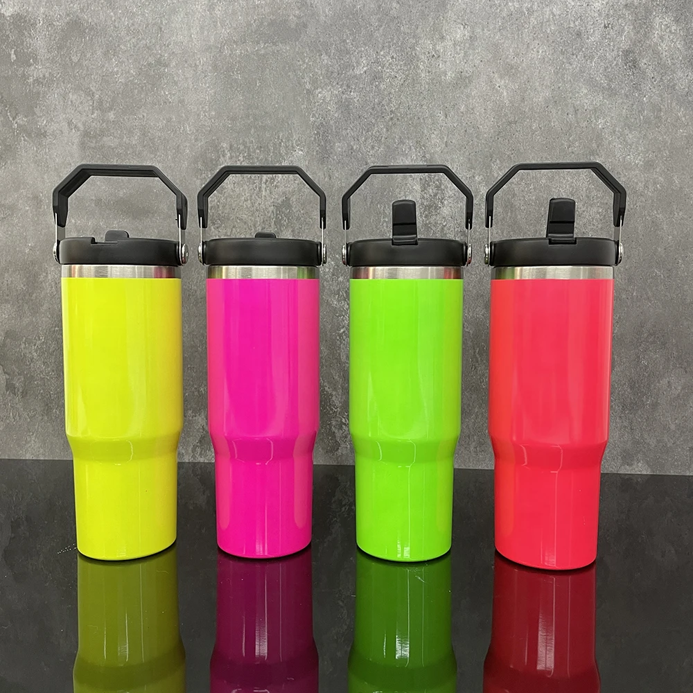 Laser engrave blank Sublimation 30oz neon colored sport water bottle stainless steel 30 oz handle tumbler with flip straw lid