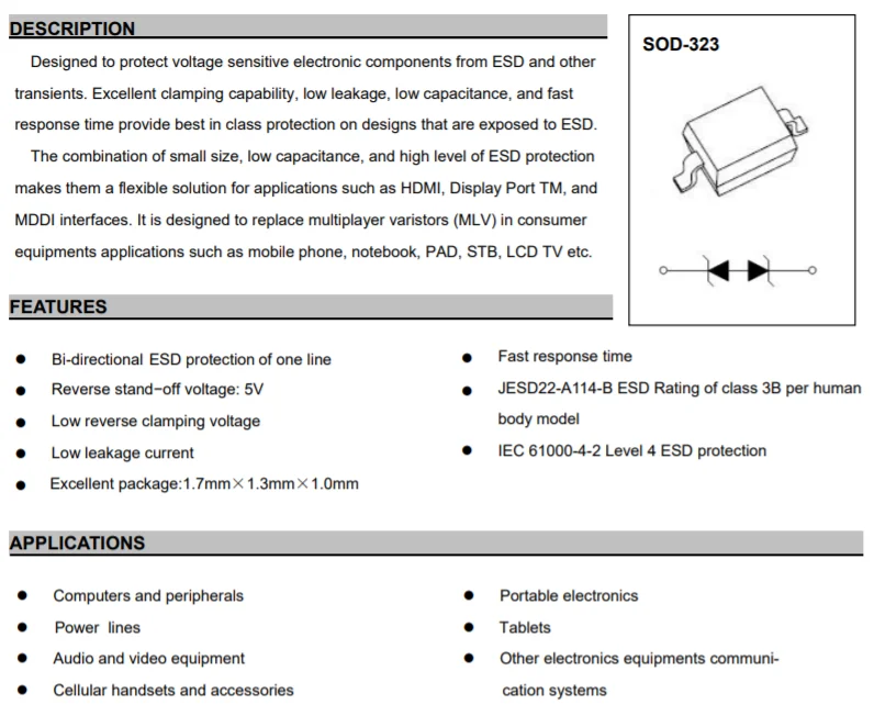 SMD  ESDBW5V0D3 SOT-323 Bi-direction ESD Protection TVS diode