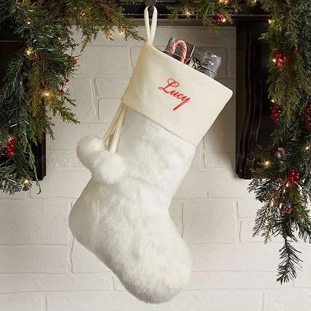 Custom Blank Canvas Santa Sock Lvory Faux Fur Christmas Stockings for Embroidery with Pom Pom