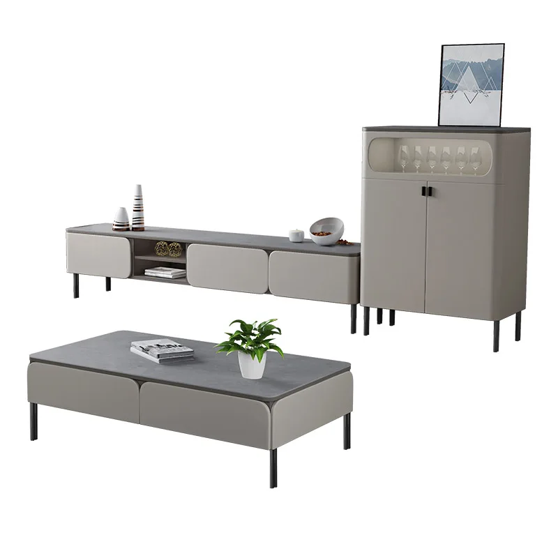 2021 hot sale new design TV cabinet TV stand coffee table combination living room furniture leather rock slab countertop