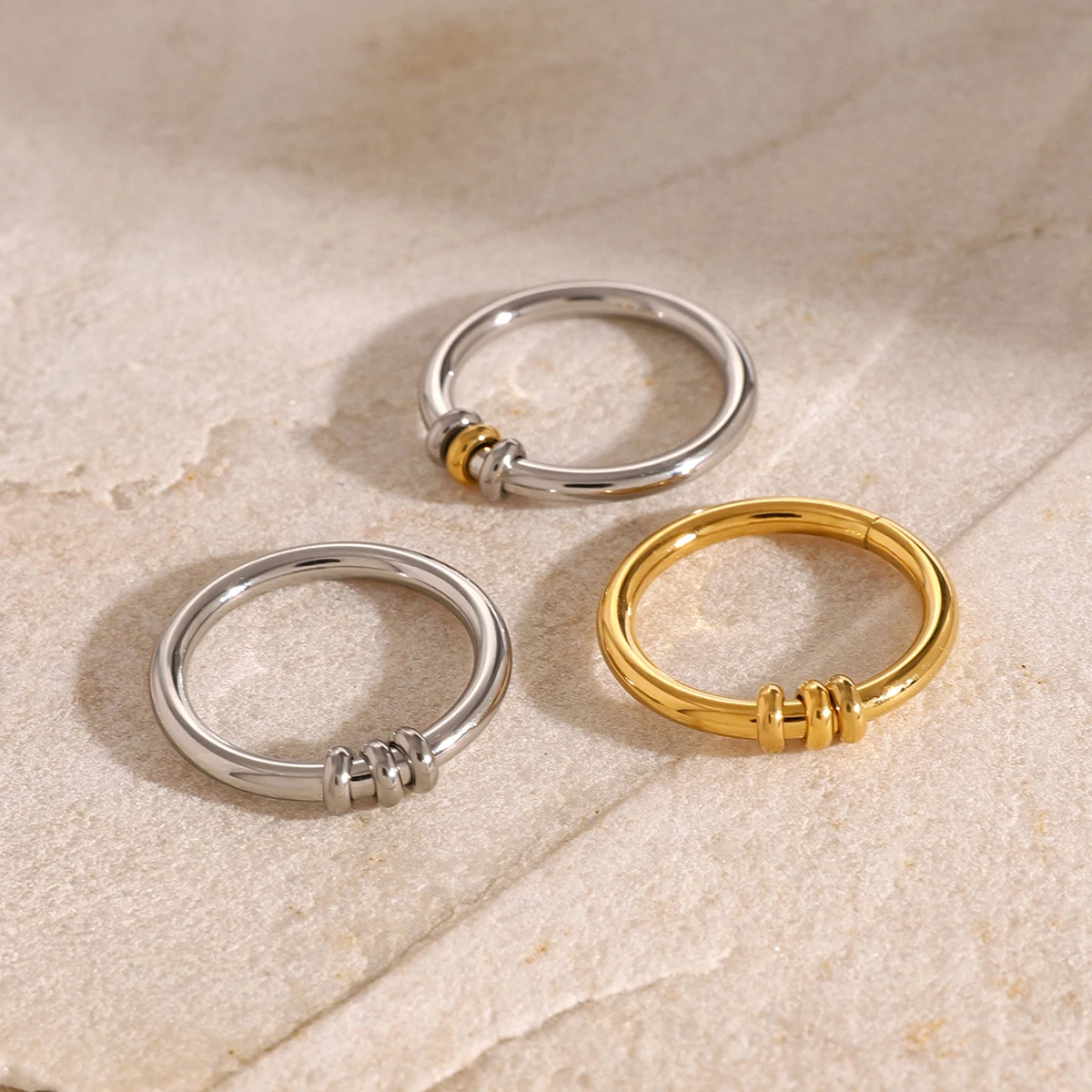 J&D Simple Everyday Wear 18k Gold Stainless Steel Minimalist Triple Circle Rings