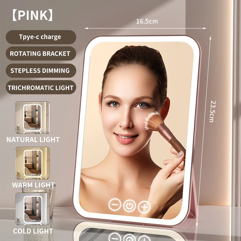 High quality rechargeable desktop three-color light smart touch LED cosmetic mirror for makeup