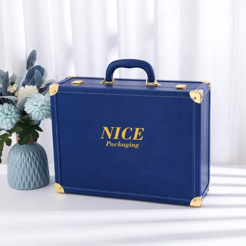 Изготовитель на заказ большой темно-синий портфель ящик для хранения инструментов коробка вина из искусственной кожи деревянная Подарочная чемодан