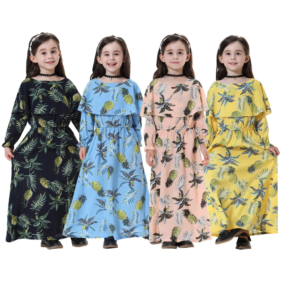 Traditional Kids clothing Fashion Child Indonesia Printed pattern long sleeve dress Muslim Girl dress for muslim girl
