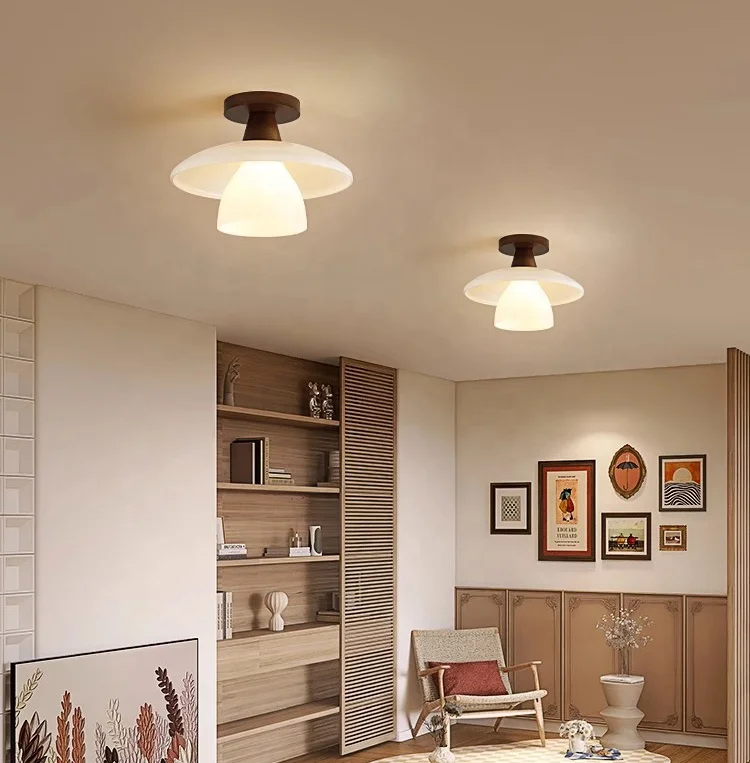 Nordic walnut wood ceiling light for aisle Japanese small glass ceiling lamp modern simple bedroom bedside lamps