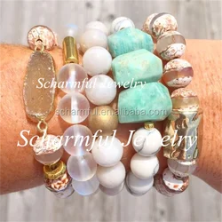 BS190707 Bohemia Amazonite Nugget Stretch Bracelet,Dzi Agate Stone hammered Bar Beads Stackable bracelet