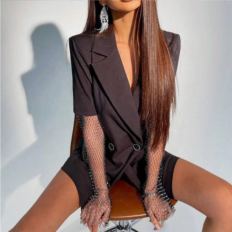 Summer Turn-down Collar Short Sleeve Crystal Fishnet Patchwork Sexy Dresses Pockets Button Embellished Mini Womens Casual Dress