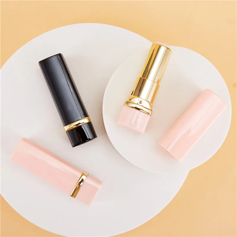 Low moq calibre 12.1mm high-end square bright black pink lipstick tube gold middle ring lip balm tube empty tube empty lipstick