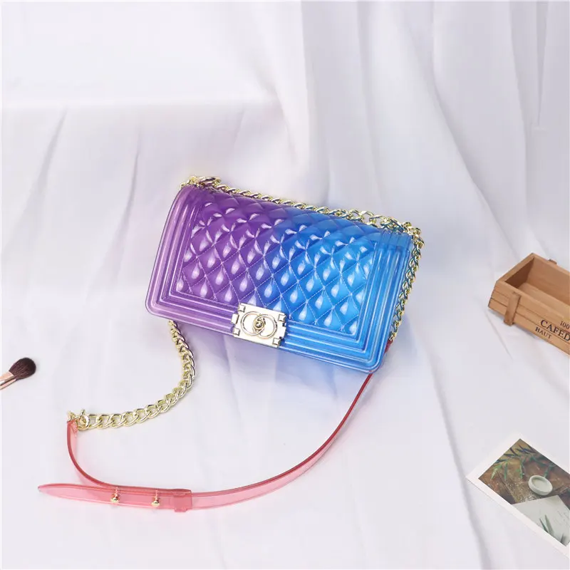 Summer lady gradient candy color shoulder purses mini jelly crossbody bag with chain