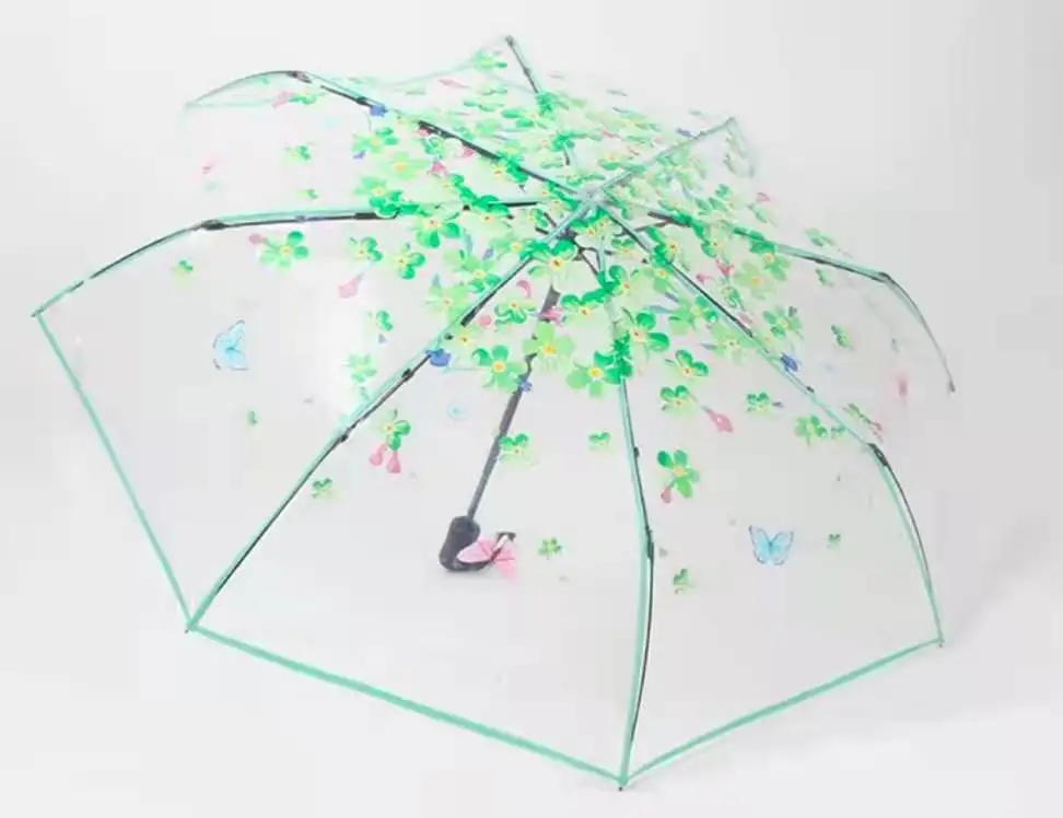 Ladies 3 Folding Transparent Umbrella Parasol Pink Flowers Pattern Umbrella