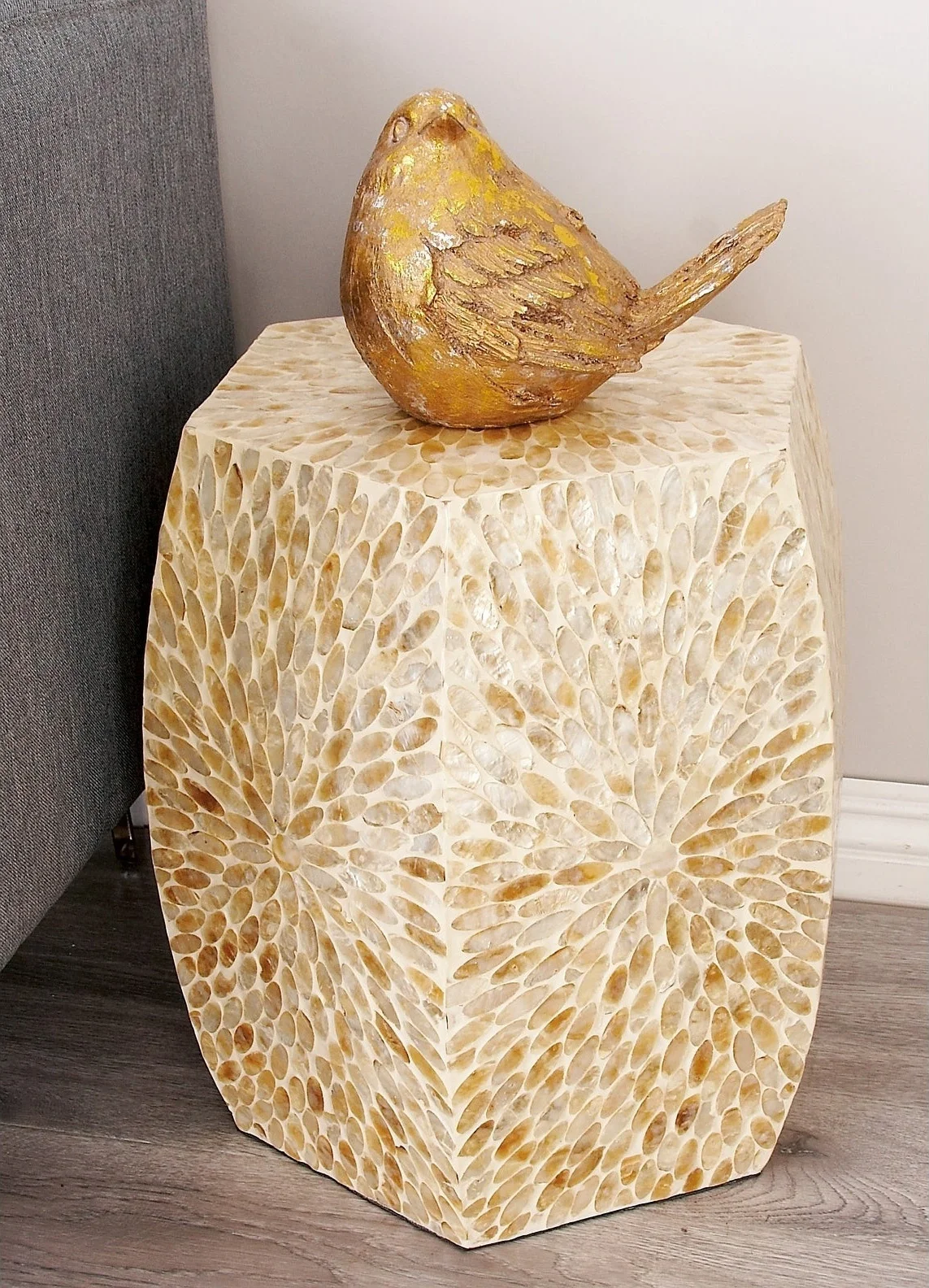 Unique Hexagonal Lacquer Iridescent Shell Mother Of Pearl Stool Ottoman From Vietnam