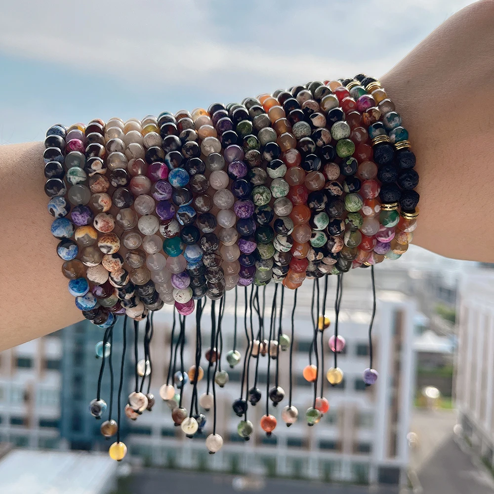 Fashion 6mm Natural Stone Elastic Beaded Bracelet Colored Fire Agate Lava Stone Woven Bracelet For Women Men