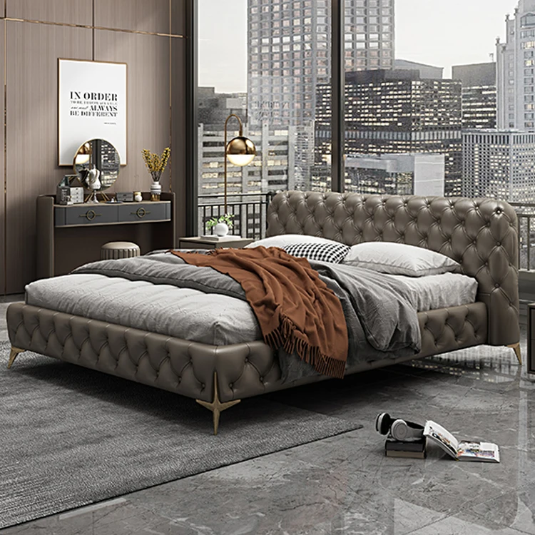 CH218 New Design Upholstered Bed Style Luxury Modern Furniture Fabric Buttons Antique Leather Beds Frame