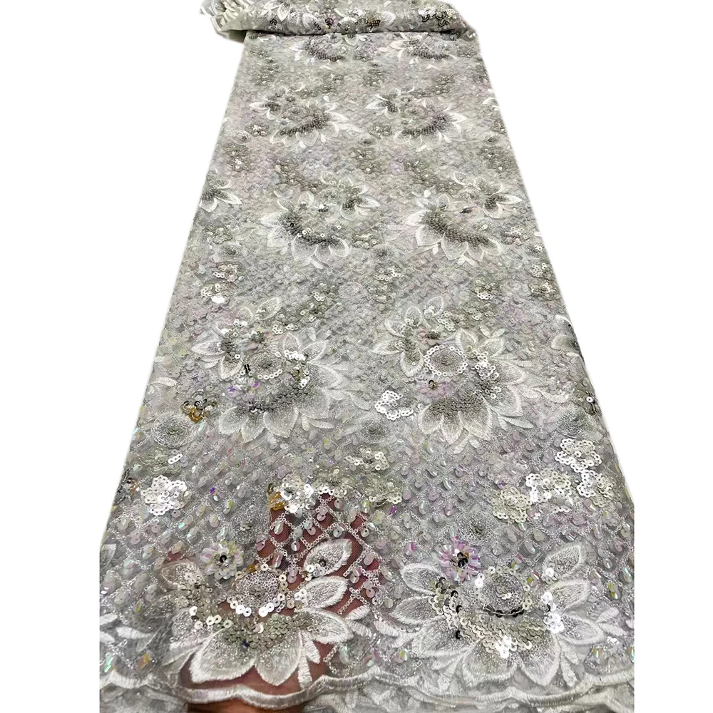 2022 Latest Nigerian Net Sequin Lace Beaded Fabric Floral Mesh Luxury Design Material for Sewing African Women Party Night Dress