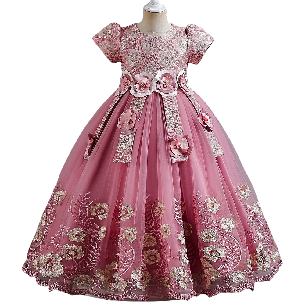 High quality girls short sleeve party ball princess dresses embroidered flower long dress