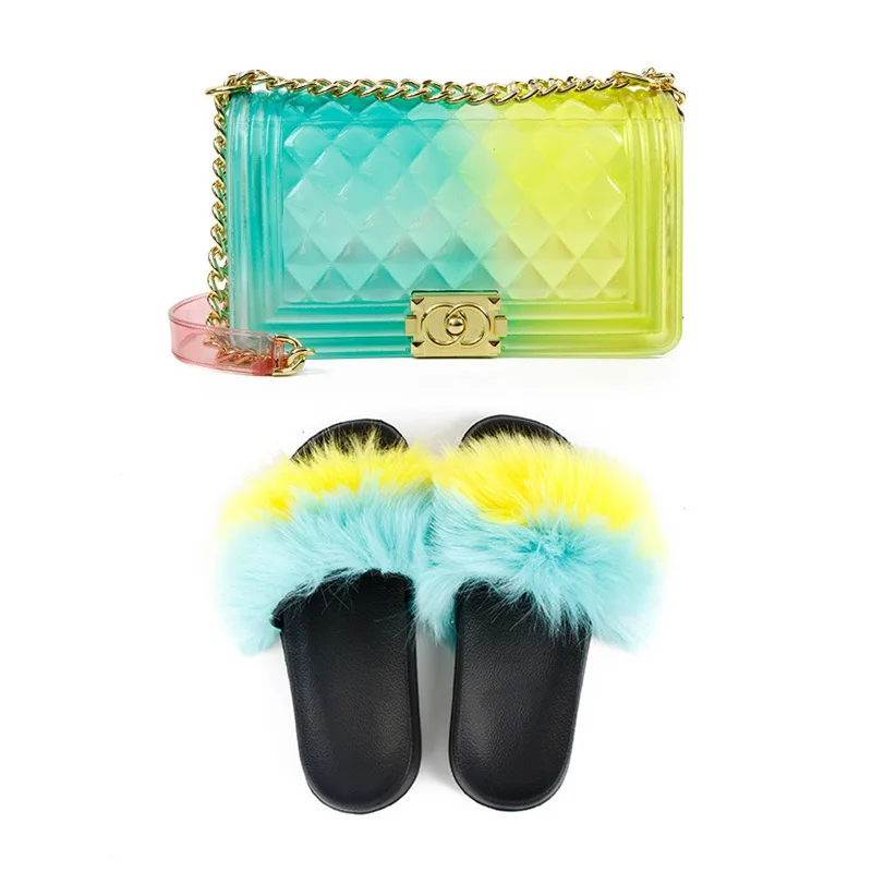 Wholesale Fashion Daily Wear Fur Flat Fancy Fluffy Furry Flip Shoe And Transparent Pvc White Jelly Bag And Shoes Set