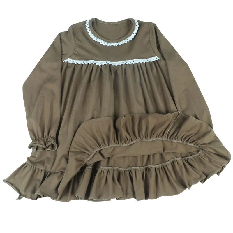 New style little girls nightgown ruffles night dress with white lace brown cotton 3/4 sleeves children sleeping wear