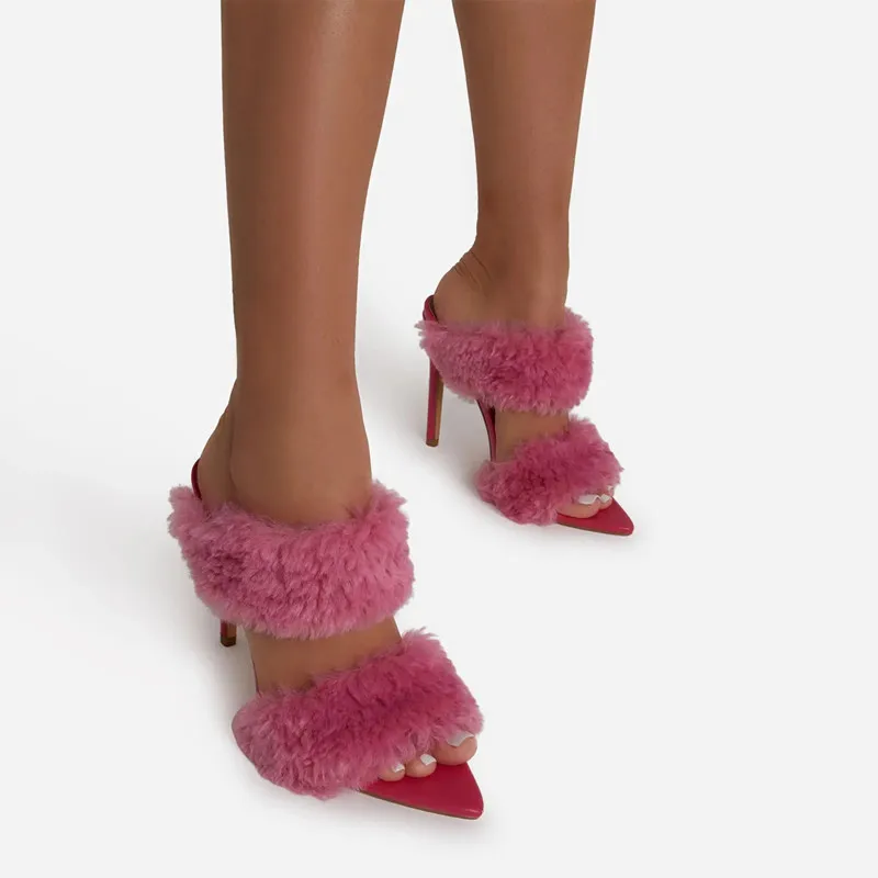 Women new summer hot sale plus size fur shoes slip on sandals high heels furry flush pumps