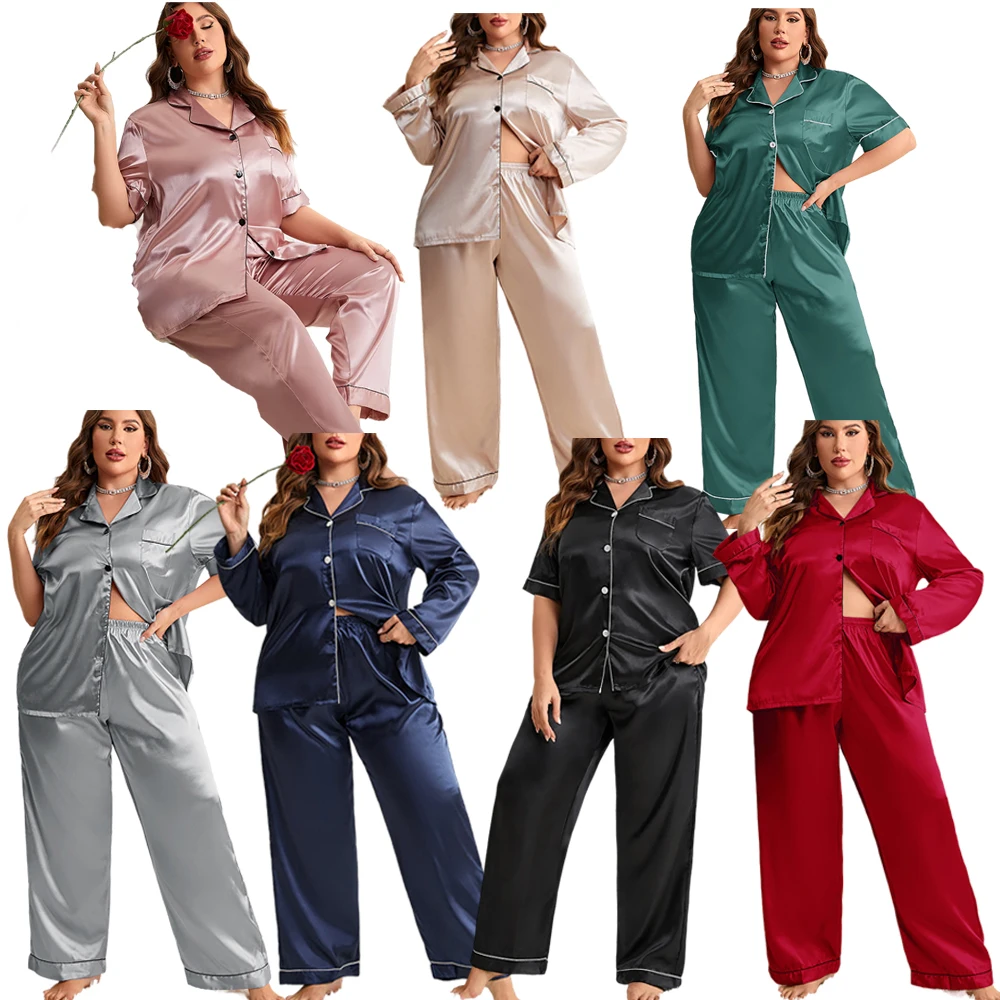 Plus Size Women  Clothing Satin Sexy Lingerie  Long Sleeve 2pcs Silk Sleepwear Blank Robe Femme Sexy